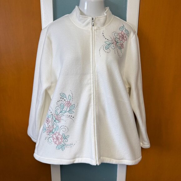 Alfred Dunner 2X Womens Fleece White Floral Embroidered Fleece Jacket Soft Full - Picture 1 of 11